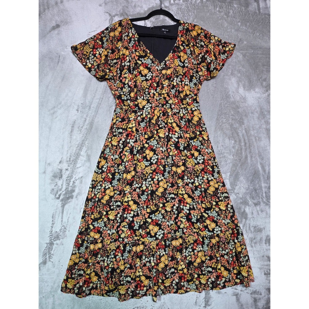 Madewell Floral V-Neck Flutter Sleeve Tiered Midi Dress Black Orange Yellow 4